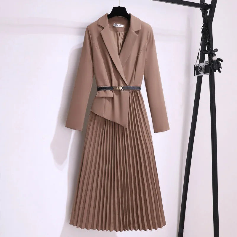 Elegant Blazer Dress V-Neck Slim Design Pleated Dress Ladies Office Dress