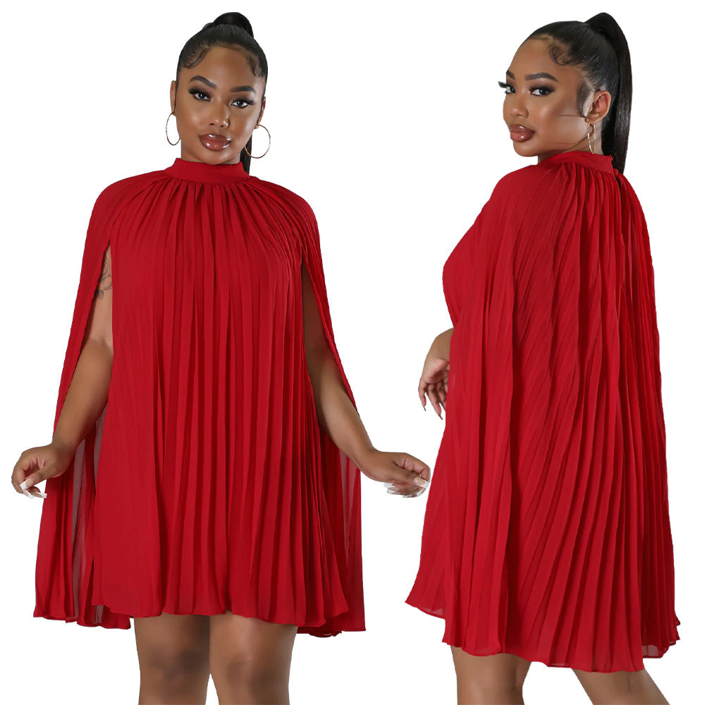 Solid Color Bat Sleeve Elegant Pleated Party Dress