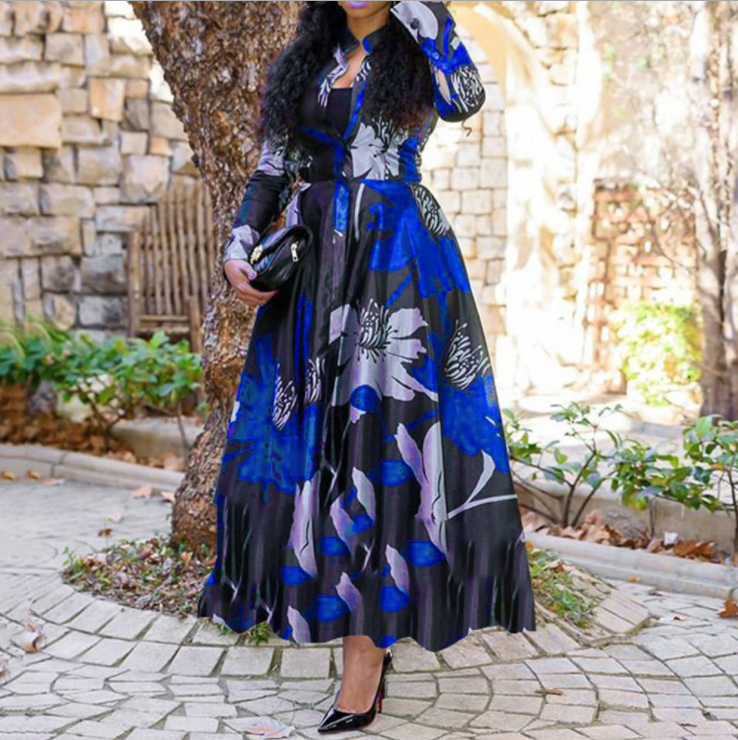 Floral Long Dresses for Woman Lady Elegant Long Sleeve Casual Dress
