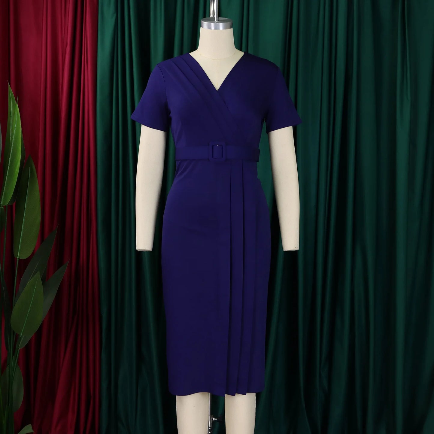 Latest Summer Ladies Short Sleeve V-Neck Waist Wrap Pencil Dresse Casual Dress