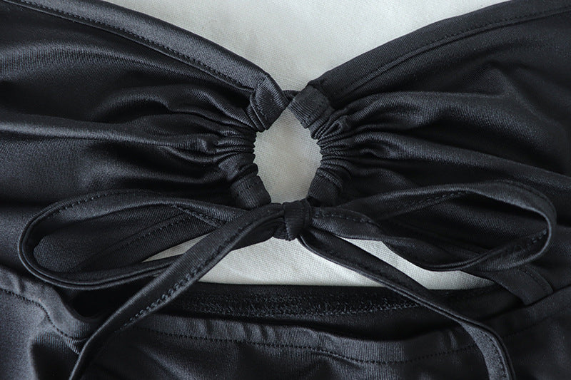 Backless Sexy Dress Solid Black Strap Trendy Women Dress Slit Halter Dress
