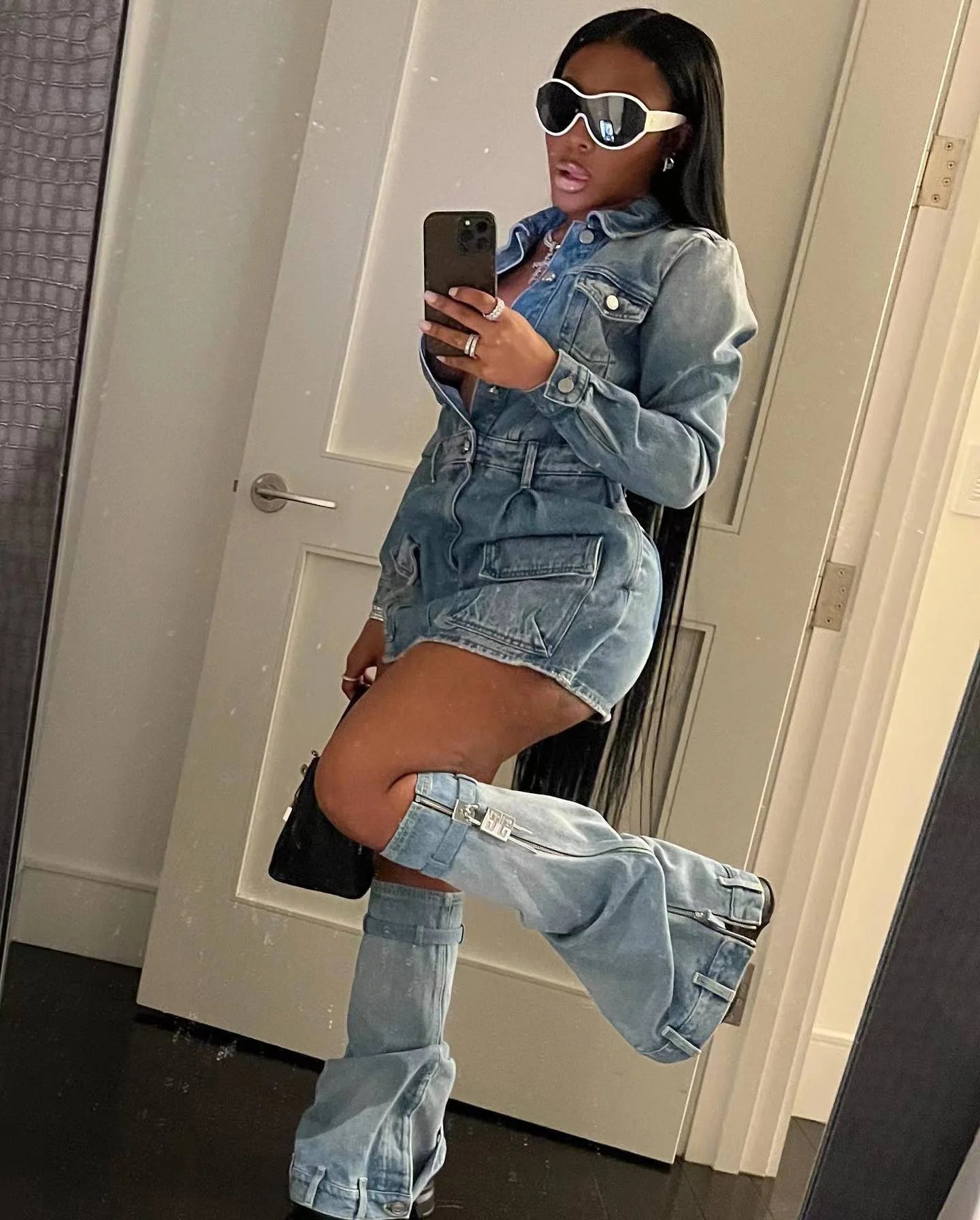 Women's Casual Jeans Denim Dresses Sexy Long Sleeve Jeans Short Dress