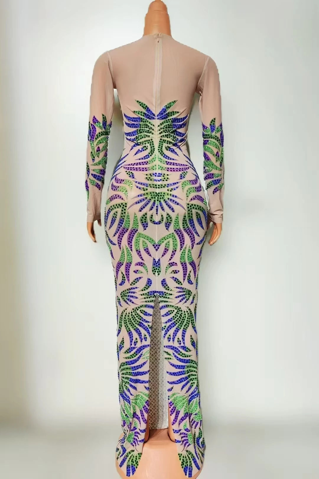 Long Sleeve Mesh Crystal Long Dress