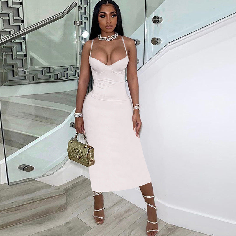 Summer Women Fashion Bodycon Dress Pink Spaghetti Strap Casual Dress