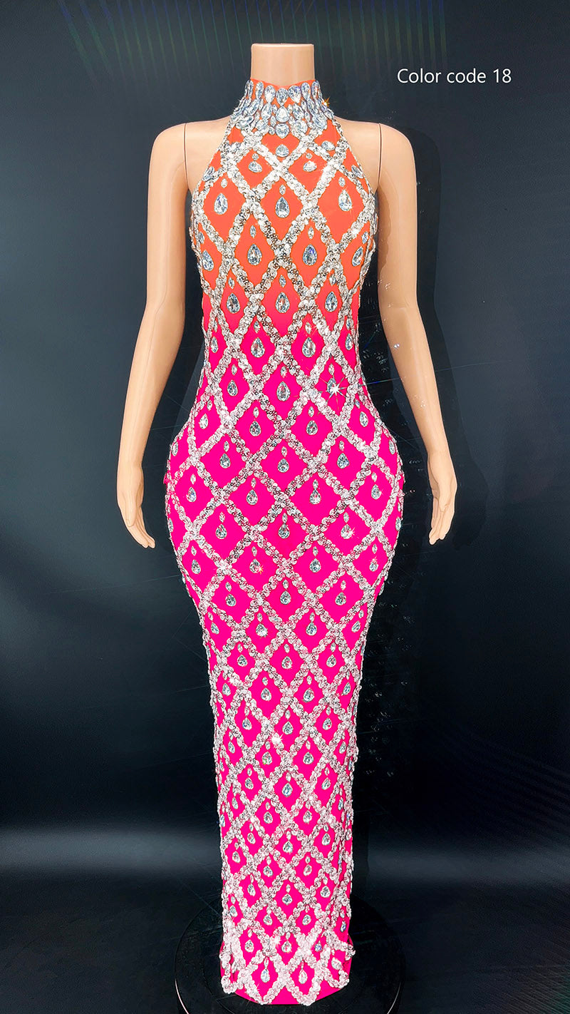 Sparkling Black Diamond Sequin Mesh Backless Dress