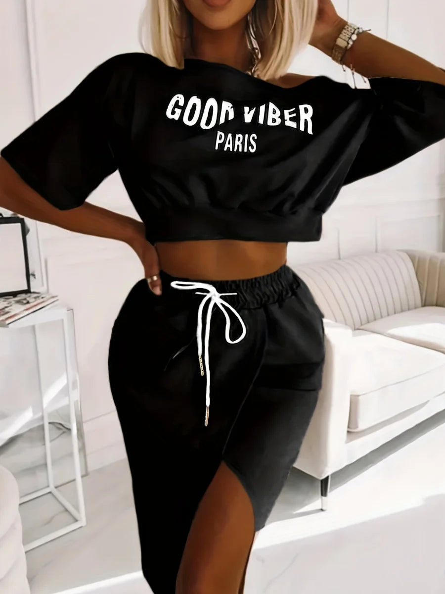 Two Piece Good Viber One Shoulder Letter Print Set Crop Top + High Split Skirt