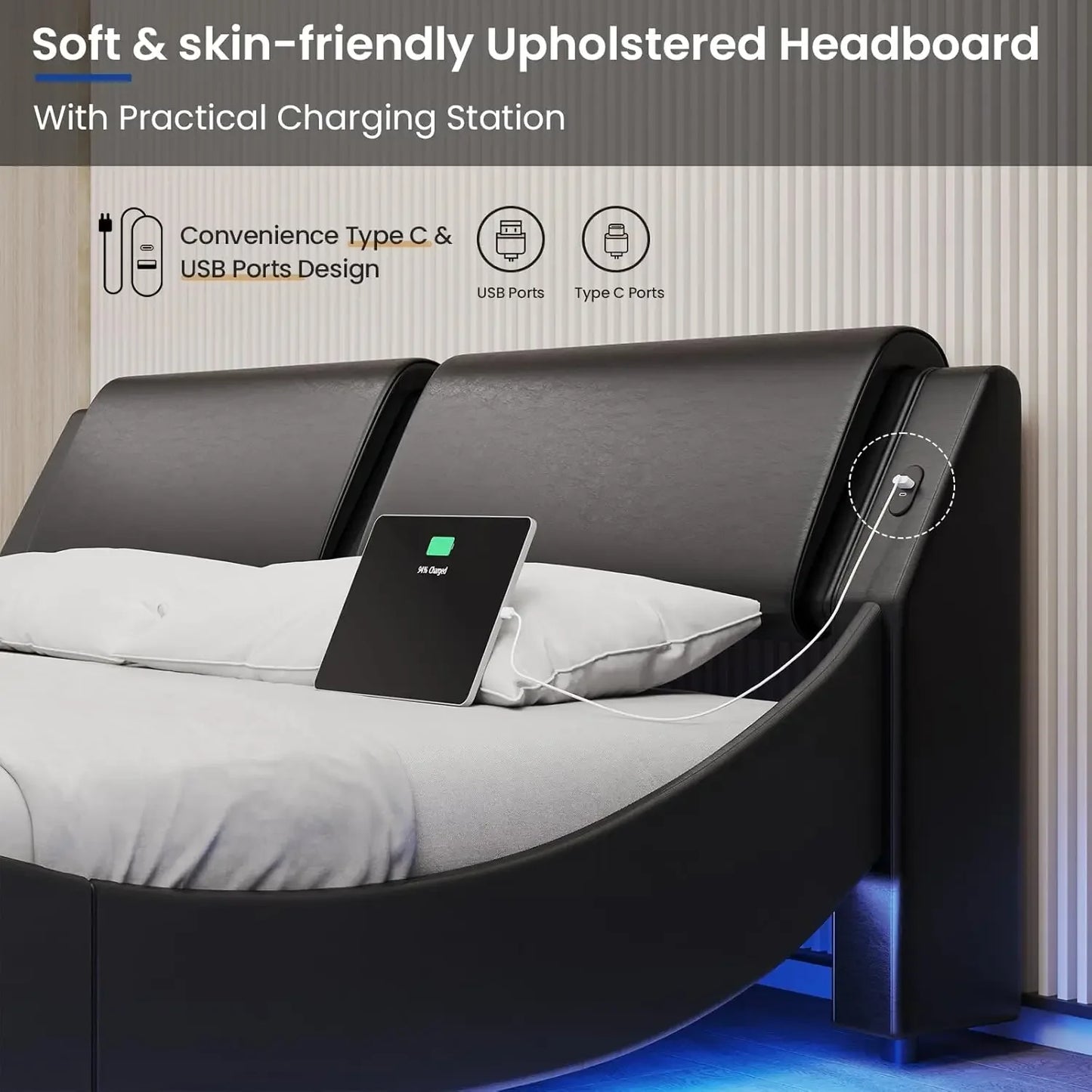 King Bed Frame with Charging Ports and Headboard King Size Platform Bed Frame with LED Lights Wave Like Curve King Led Bed