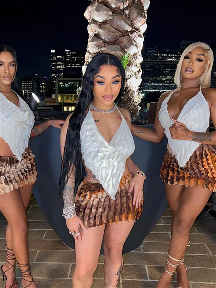 kliou Summer Women Mini Sexy Mesh Two Piece Set