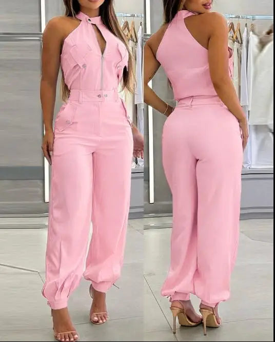 Two Piece Set Women Outfit Summer Sleeveless High Neck Cargo Pockets Design Top & Casual High Waist Cuffed Long Pants Set