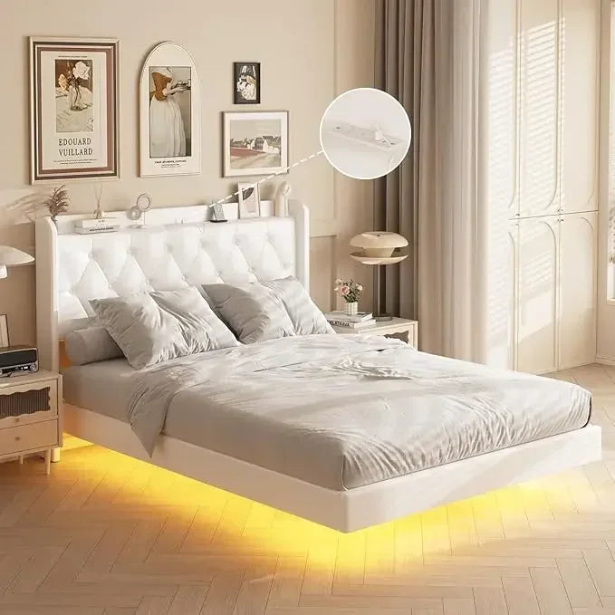 King Bed Frame, Floating with LED Lights, Upholstered Bed with Charging Station, No Box Spring Needed, Bed Frame