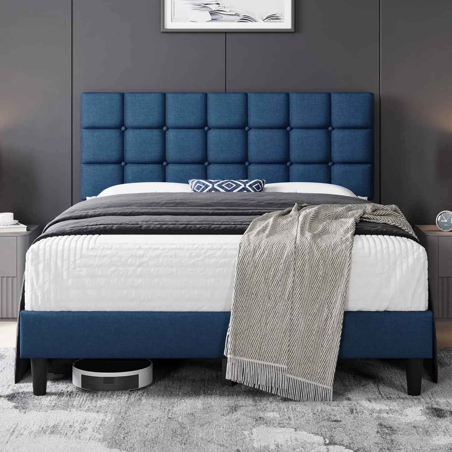 Soft Padded Bed Frame, Modern King Size Bed Platform, with Square Stitching and Button Tufted Headboard, Adjustable Height