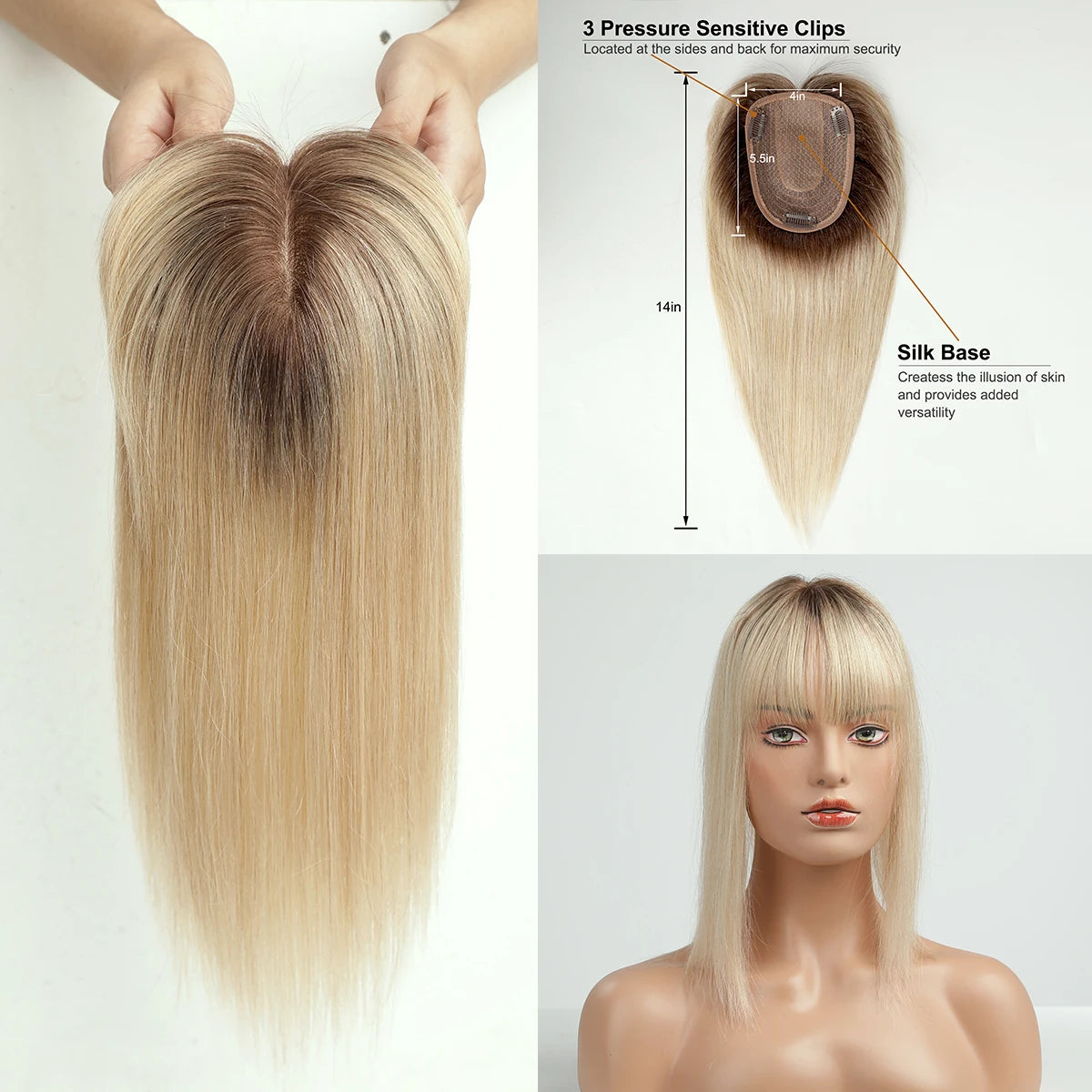 Ombre Blonde 100% Remy Human Hair Toppers with Bangs Silk Base Clip in Topper Top Hair in Hair Extension for Women 10/12/14inch