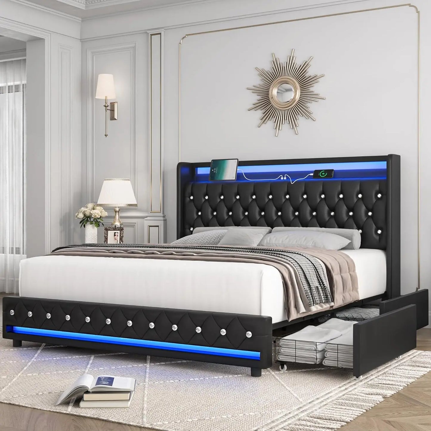 bedstead, with Charging Station and 4 Storage Drawers, Velvet Upholstered Platform Bed with Headboard, Metal Frame, bedstead