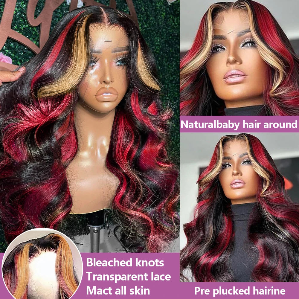 Ombre Red With Blonde Highlights Body Wave 5x5 Glueless Wigs Human Hair Burgundy for Women Pre Plucked 200 Density Colored Wig