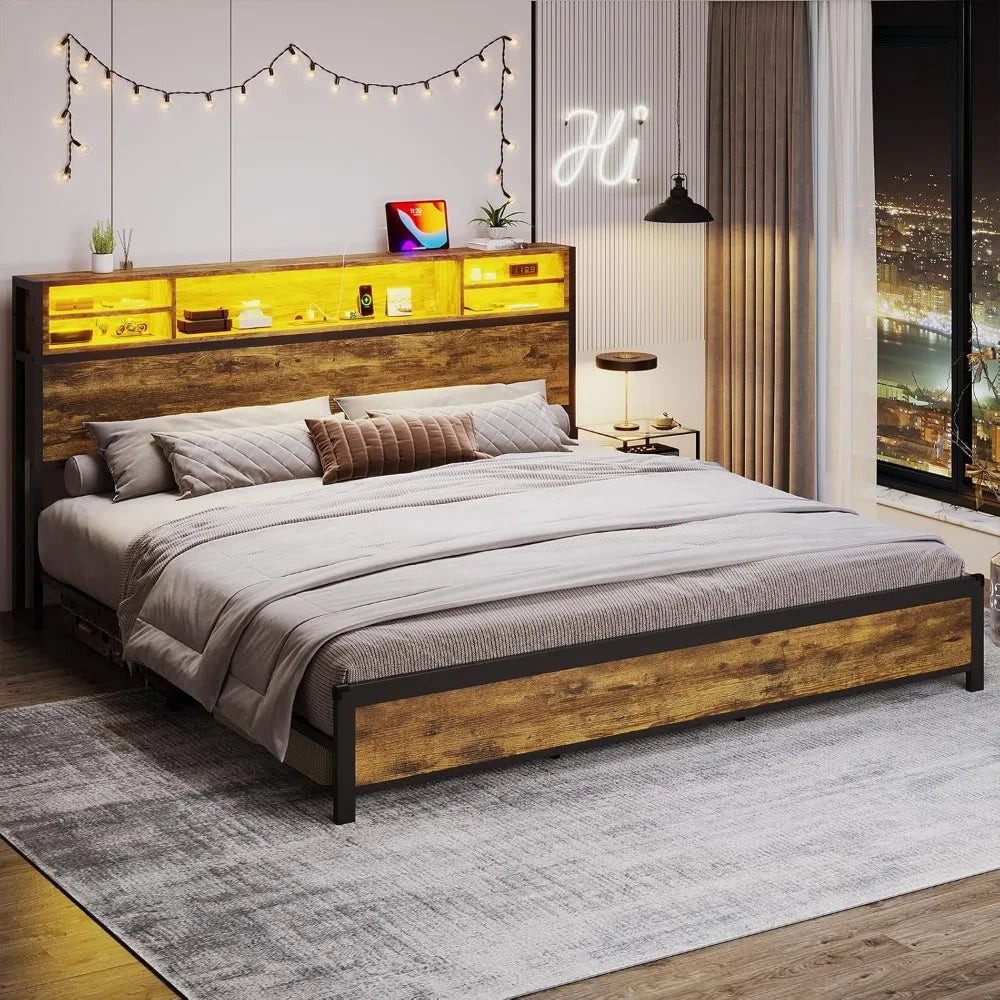 King Size Bed Frame with Storage Headboard Bed Frame with USB Ports & Charging Outlets No Box Spring Needed Bed Frame
