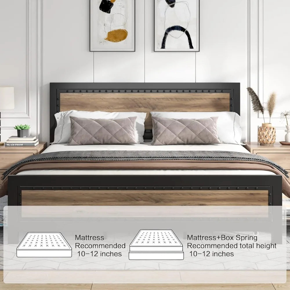 Keyluv King Bed Frame with 4 Storage Drawers, Rivet Modern Headboard and Footboard Platform Bed with Solid Wood Slats Support, N