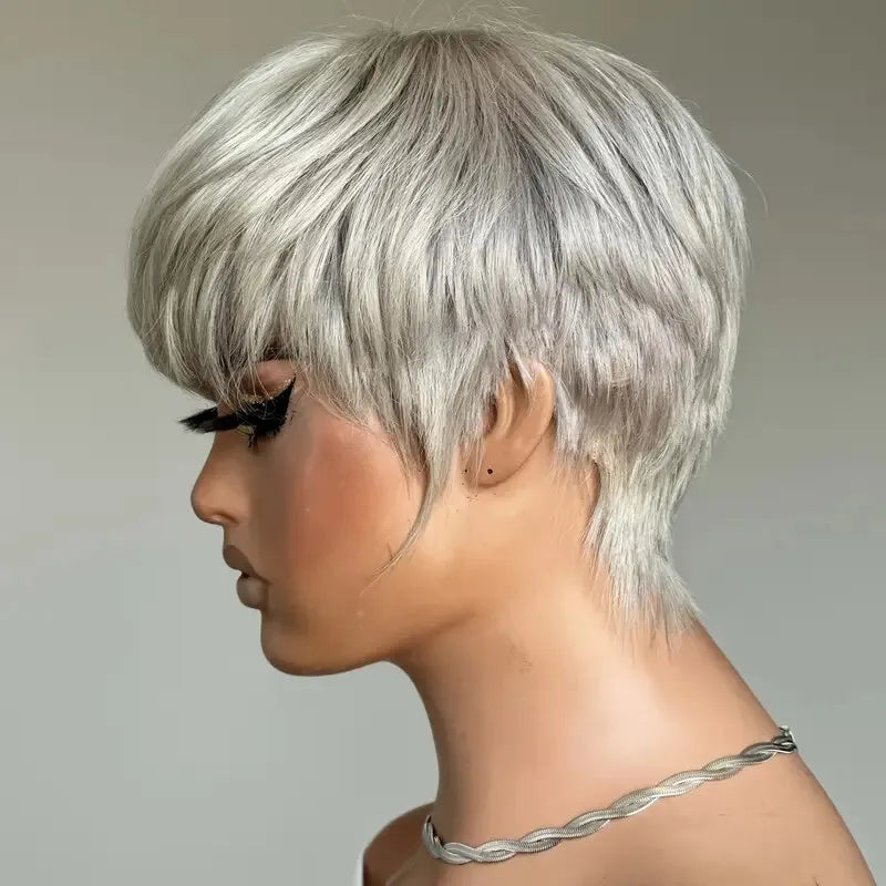 Grey Short Pixie Cut Wig Human Hair Short Layered Pixie Wig For Women 6 Inch