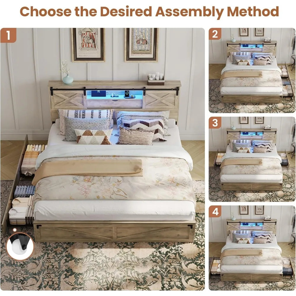 Hasuit Farmhouse Bed Frame King Size with Storage Bookcase Headboard, Wooden King Bed with LED Lights, Charging Station, 2 Drawe
