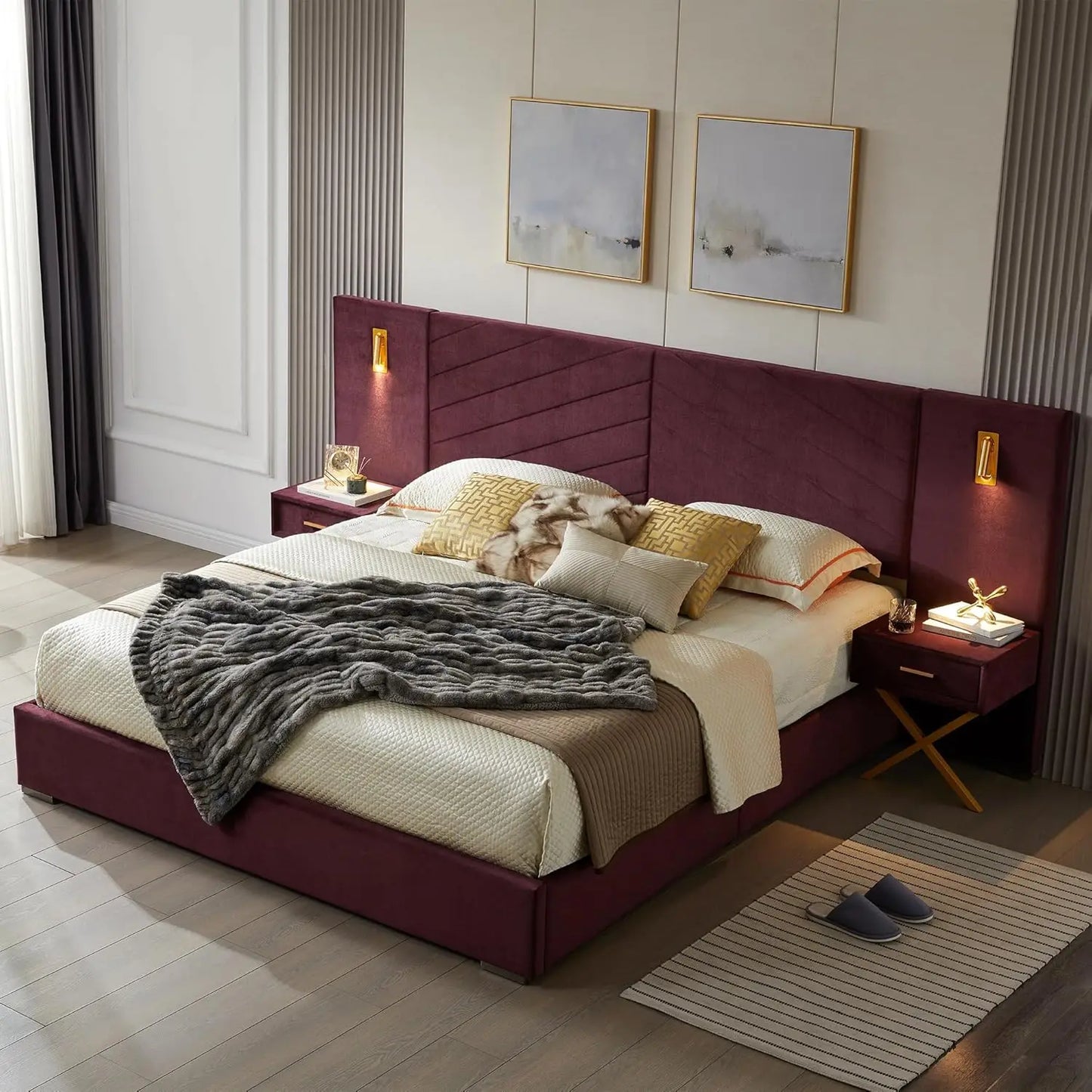 King Platform Bed Frame, Velvet Upholstered Headboard with 2 Built-in Wall Sconces & Nightstands, Sturdy Metal & Solid