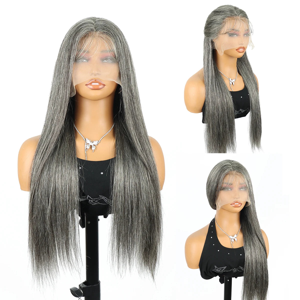 250 Density Salt  Pepper Straight 13x6 HD Lace Front Human Hair Wigs 40 Inch Pre Plucked Gray Colored Lace Frontal Wig For Women