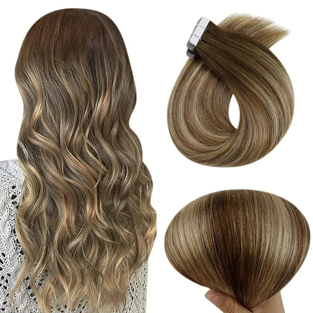 Full Shine Virgin Hand Tied Tape In Adhesives Human Hair Extensions PU Skin Weft Blonde Color Invisible Seamless Injection