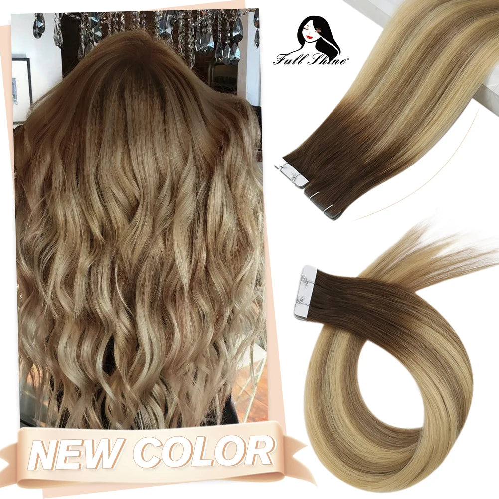 Full Shine Virgin Hand Tied Tape In Adhesives Human Hair Extensions PU Skin Weft Blonde Color Invisible Seamless Injection