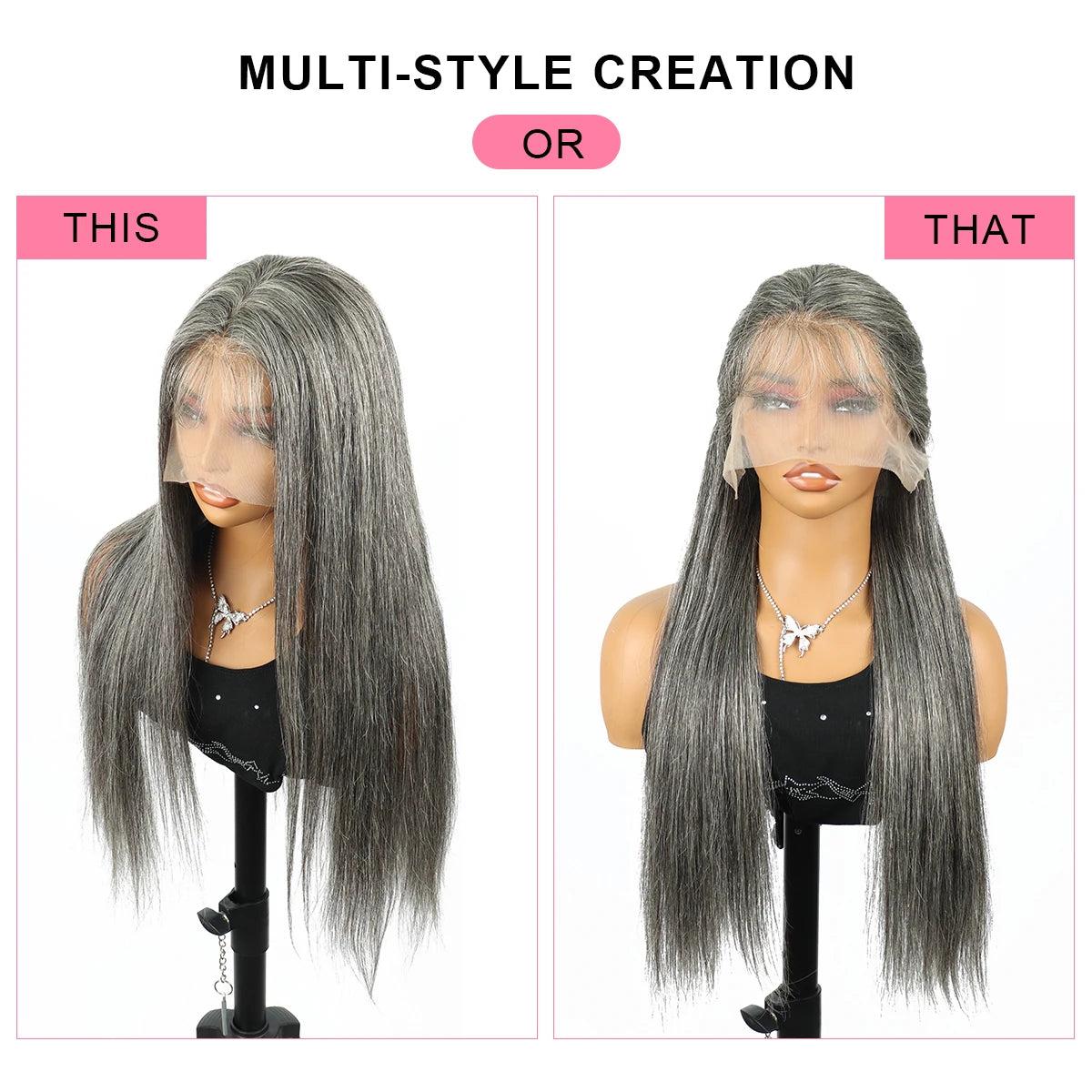 250 Density Salt  Pepper Straight 13x6 HD Lace Front Human Hair Wigs 40 Inch Pre Plucked Gray Colored Lace Frontal Wig For Women