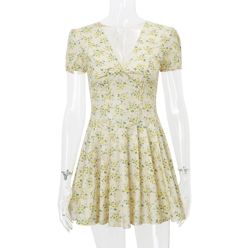 Summer Classy Dresses Women Elegant Bubble Sleeve V-Neck Floral Dress