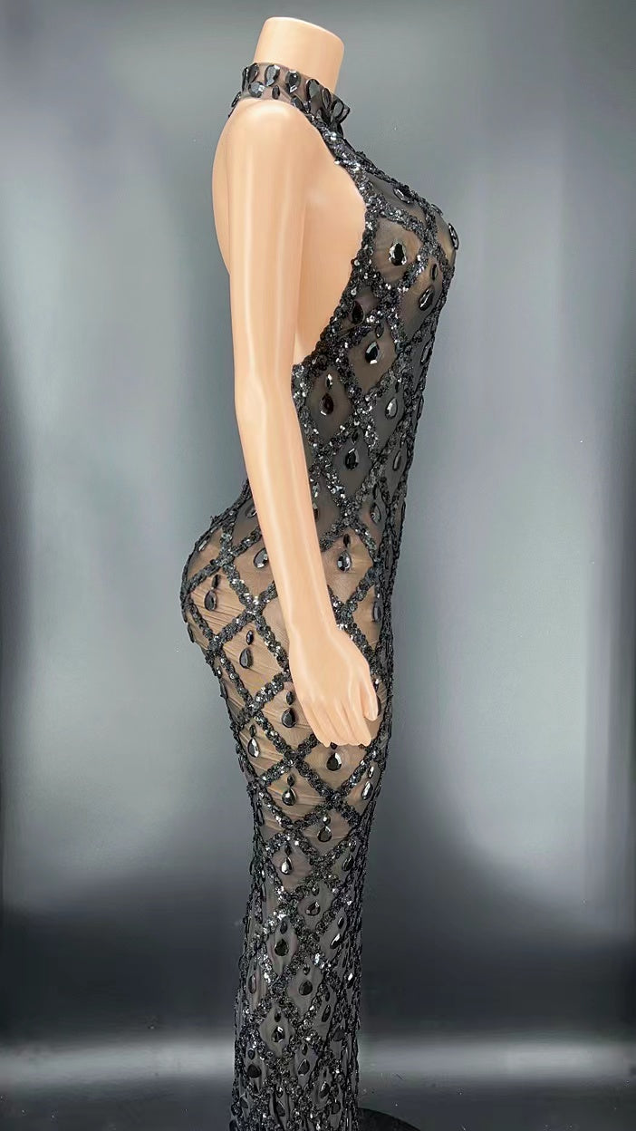 Sparkling Black Diamond Sequin Mesh Backless  Dress