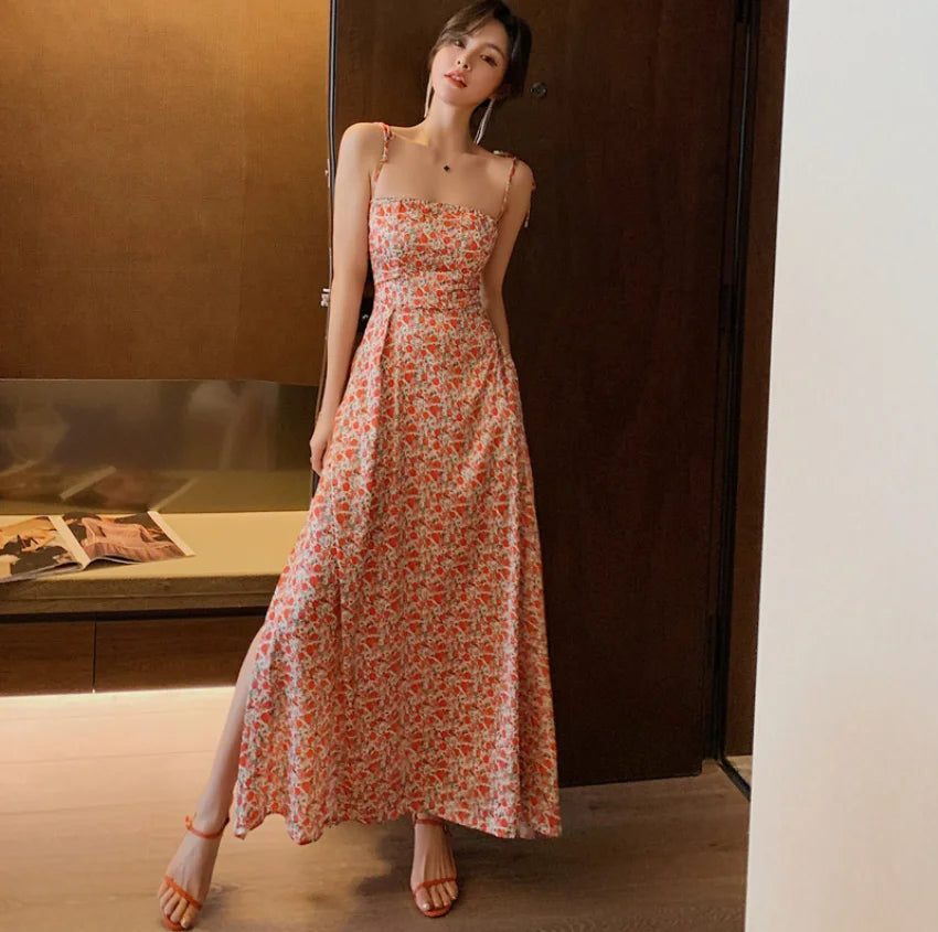 Women Floral Maxi Dress Backless Beach Dress Sexy Casual Long Printed Dress