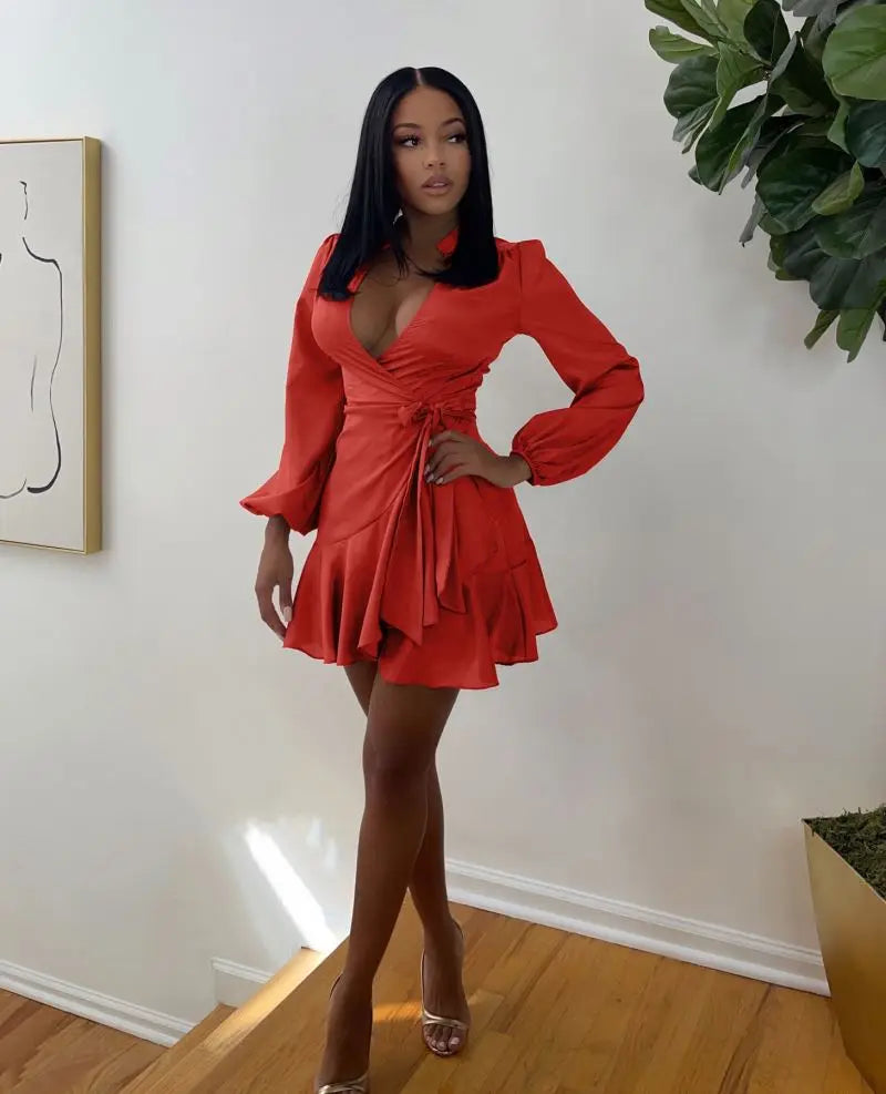 Spring Sexy Dresses V Neck Long Sleeve Ladies Office Dress