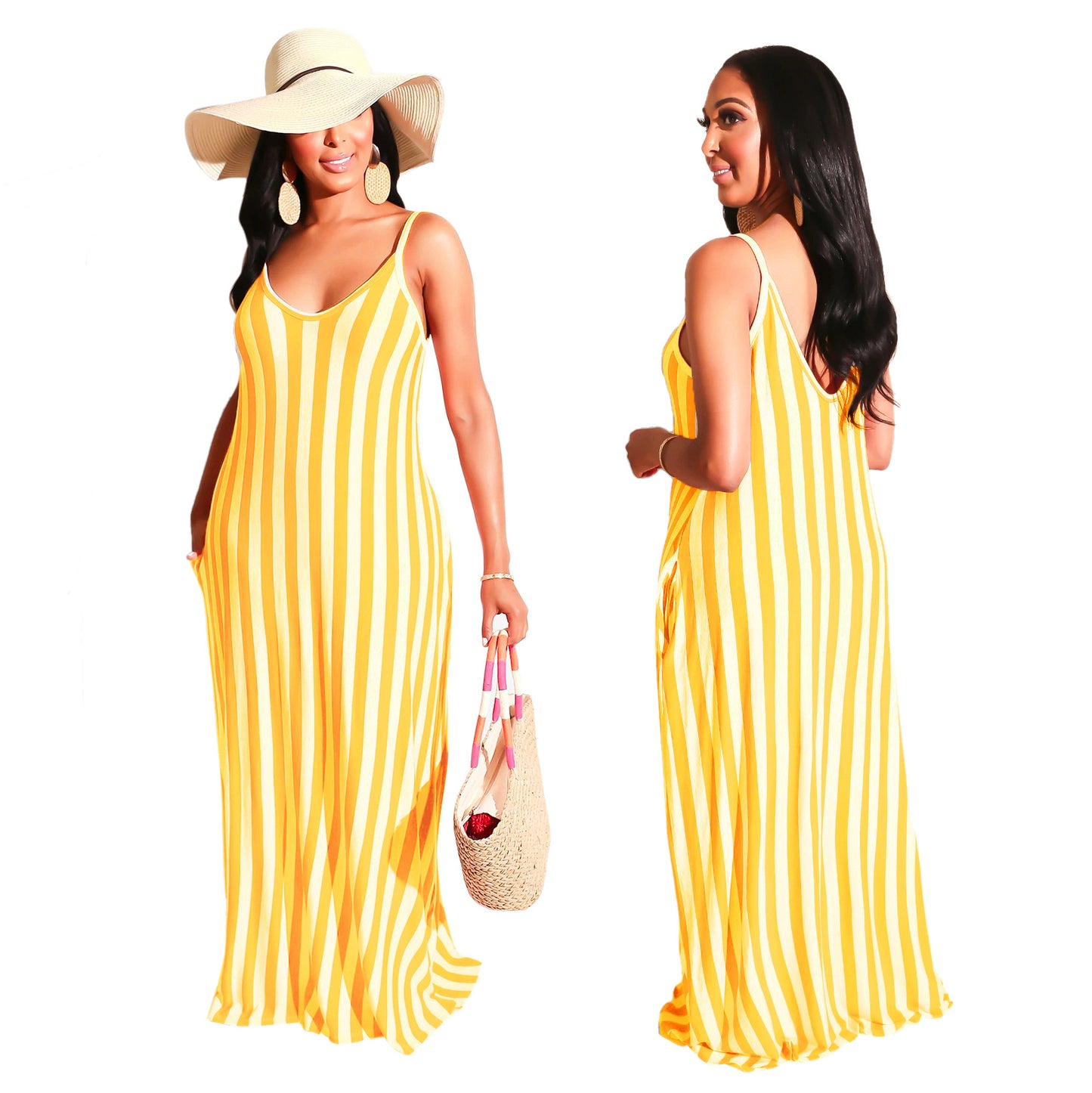 Strap v Neck Plus Size Women Maxi Dress Stripe Side Pocket Womens Dress