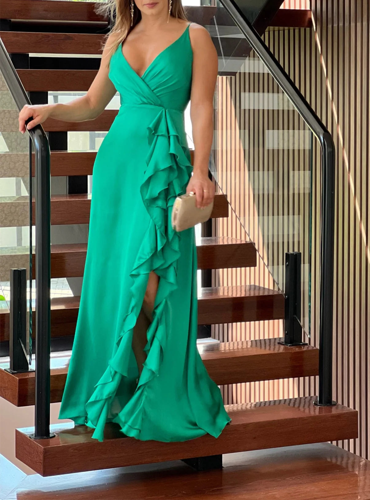 V-Neck Dress Wedding High Waist Ruffle Slit Party Dress