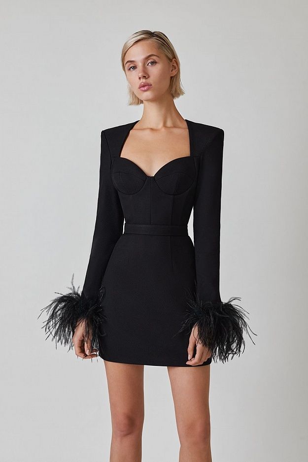 Square Neck Mini Dress Ladies Feather Bandage Dresses for Women