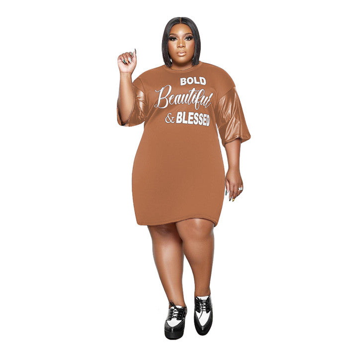 Women Letter Patchwork Leather Dresses for Ladies Plus Size Dress