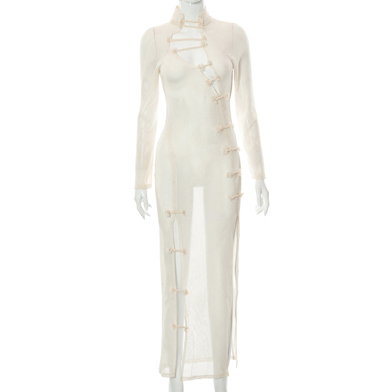 Solid Mesh Hollow Elegant Casual Long Sleeve Sexy Dresses Women Party Dress