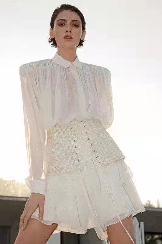 Two Piece Set Summer Mini Dresses Women White Long Puffy Sleeves Dress