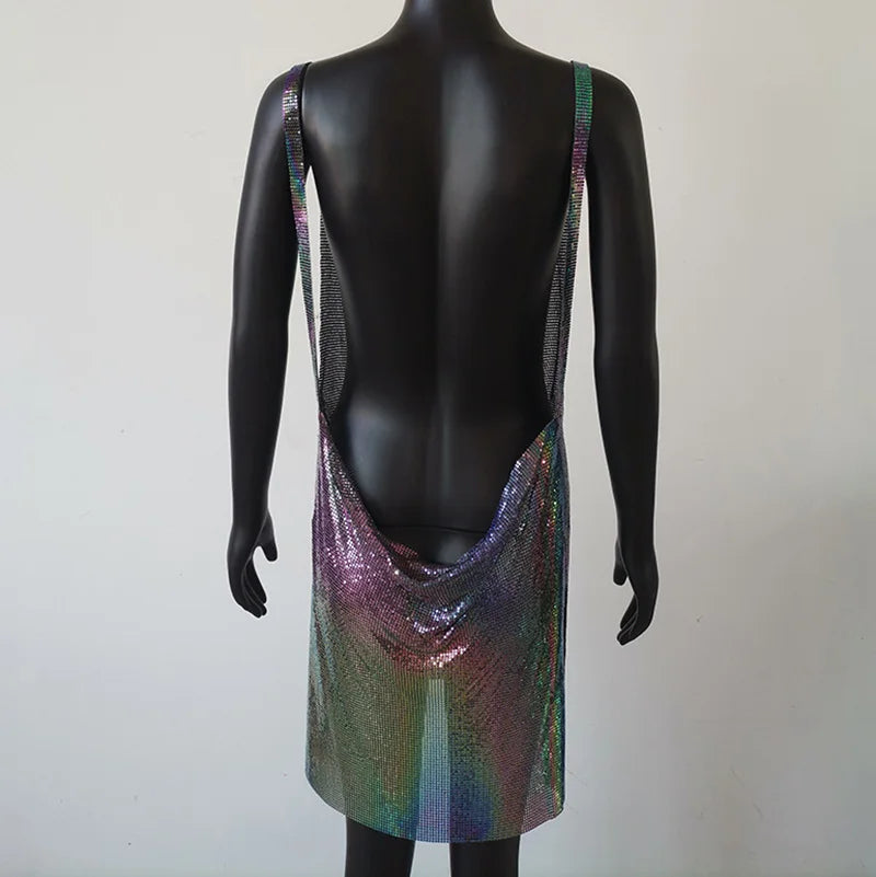 Backless Colorful Metal Dress Women Party Mini Sexy Rhinestone Sexy Club Dress