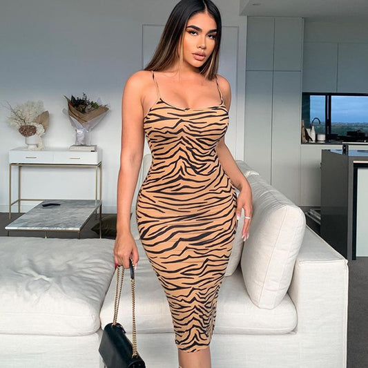 Spaghetti Strap Leopard Bodycon Dress Casual Midi Slit Dress