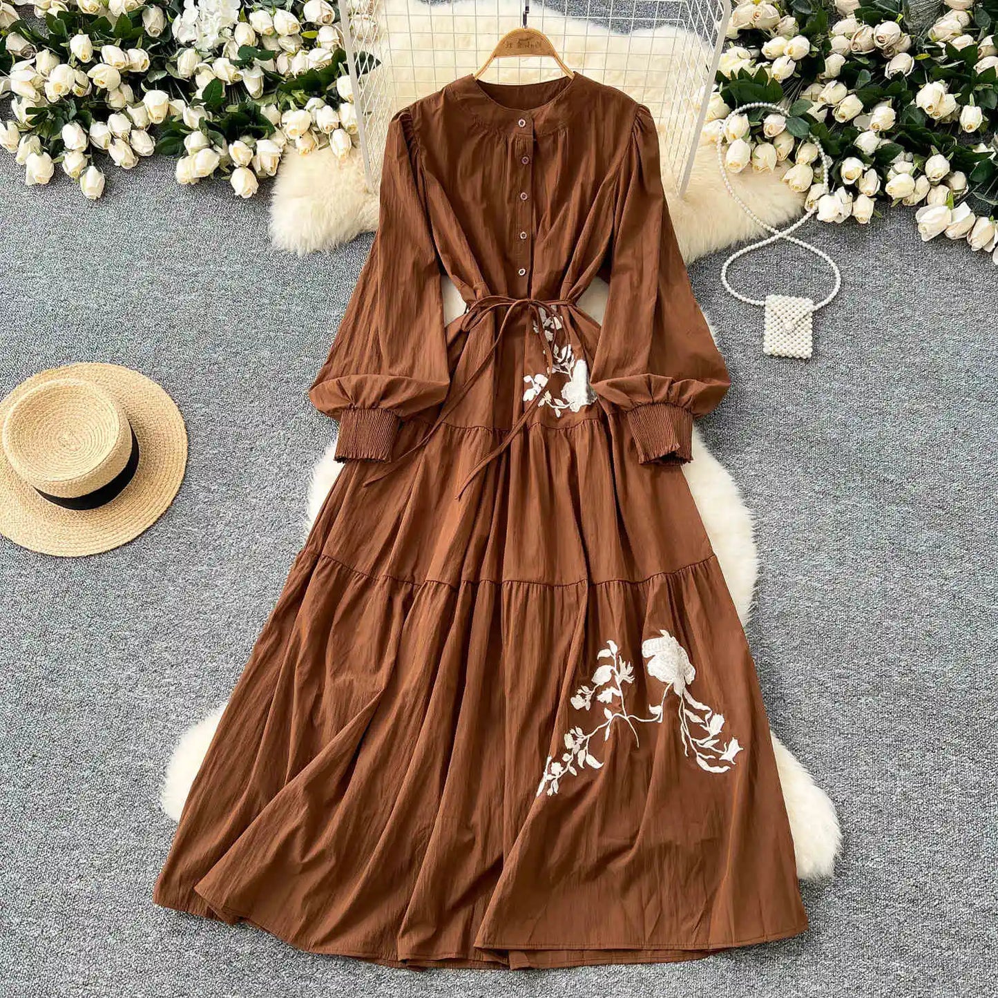 French Vintage Dress Women Flower Embroidery Long Classy Lady Elegant Dress