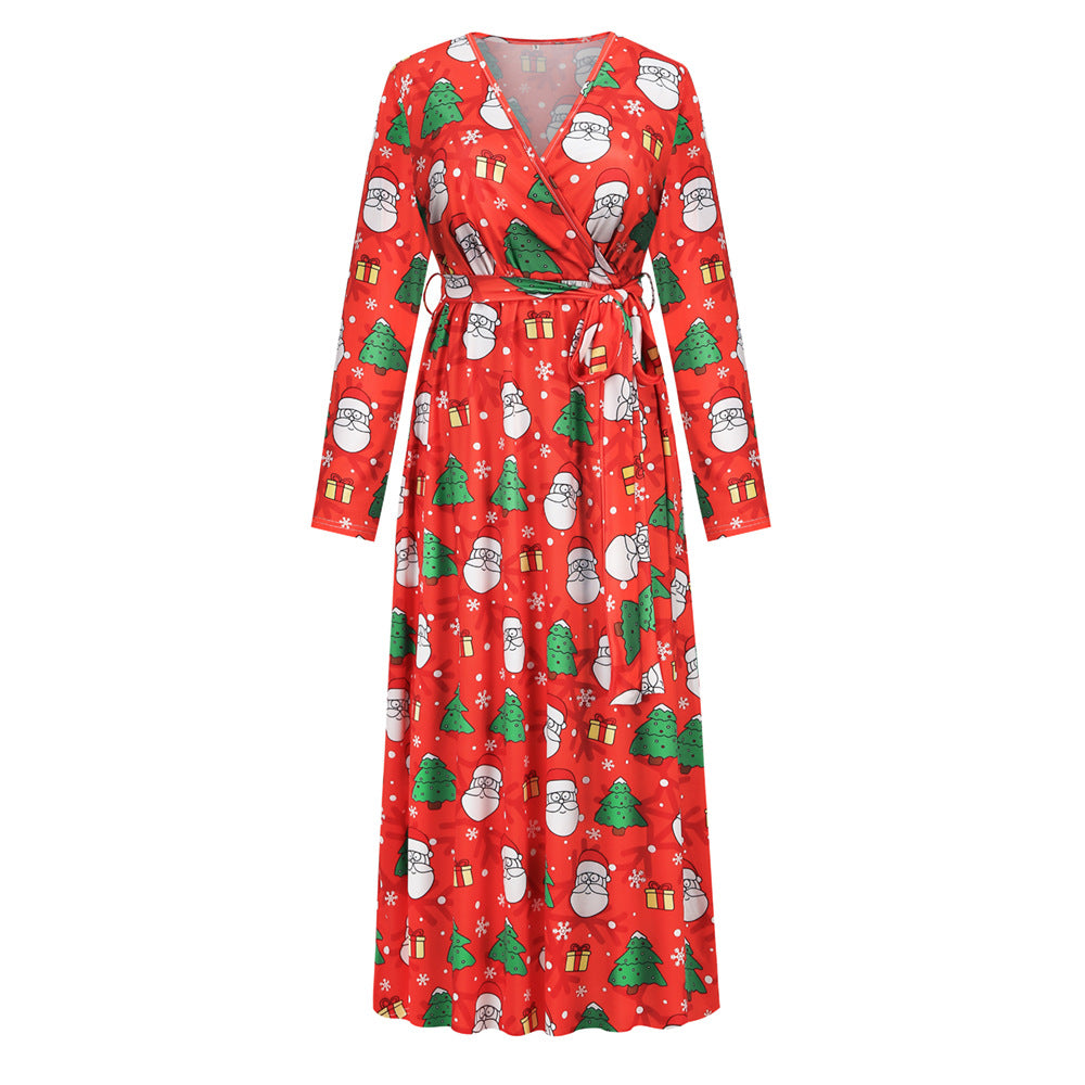Christmas Print Party Dresses Cute Holiday v Neck Women Fall Elegant Dress