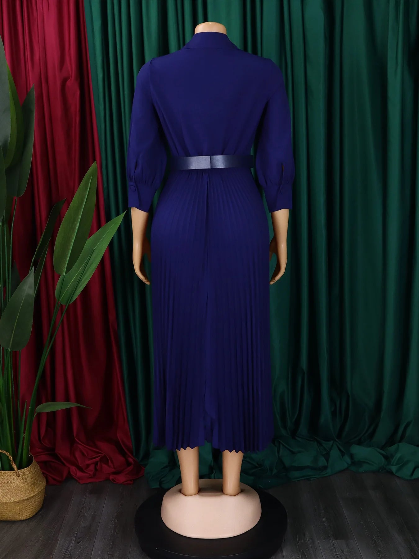 Women Elegant Long Sleeve V-Neck Pleated Office Dress Casual Dresses With Belt