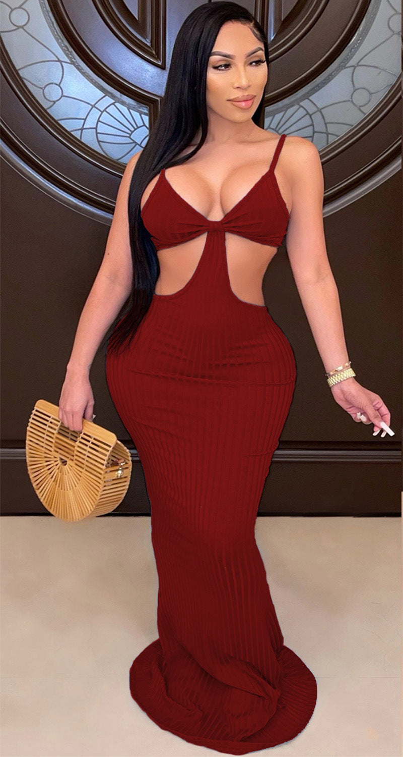 Summer Club Wear Hollow Out Rib Knit Dress Long Elegant Dress