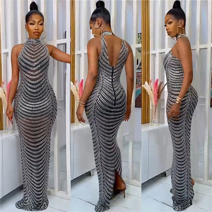 Long Sleeve v Neck Rhinestone Party Dress Black Maxi Women Evening Dress