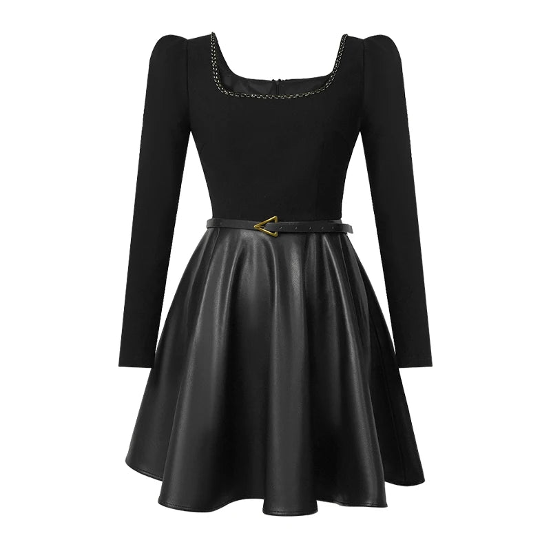 Women Clothing Elegant Patchwork Women Black Leather Dress