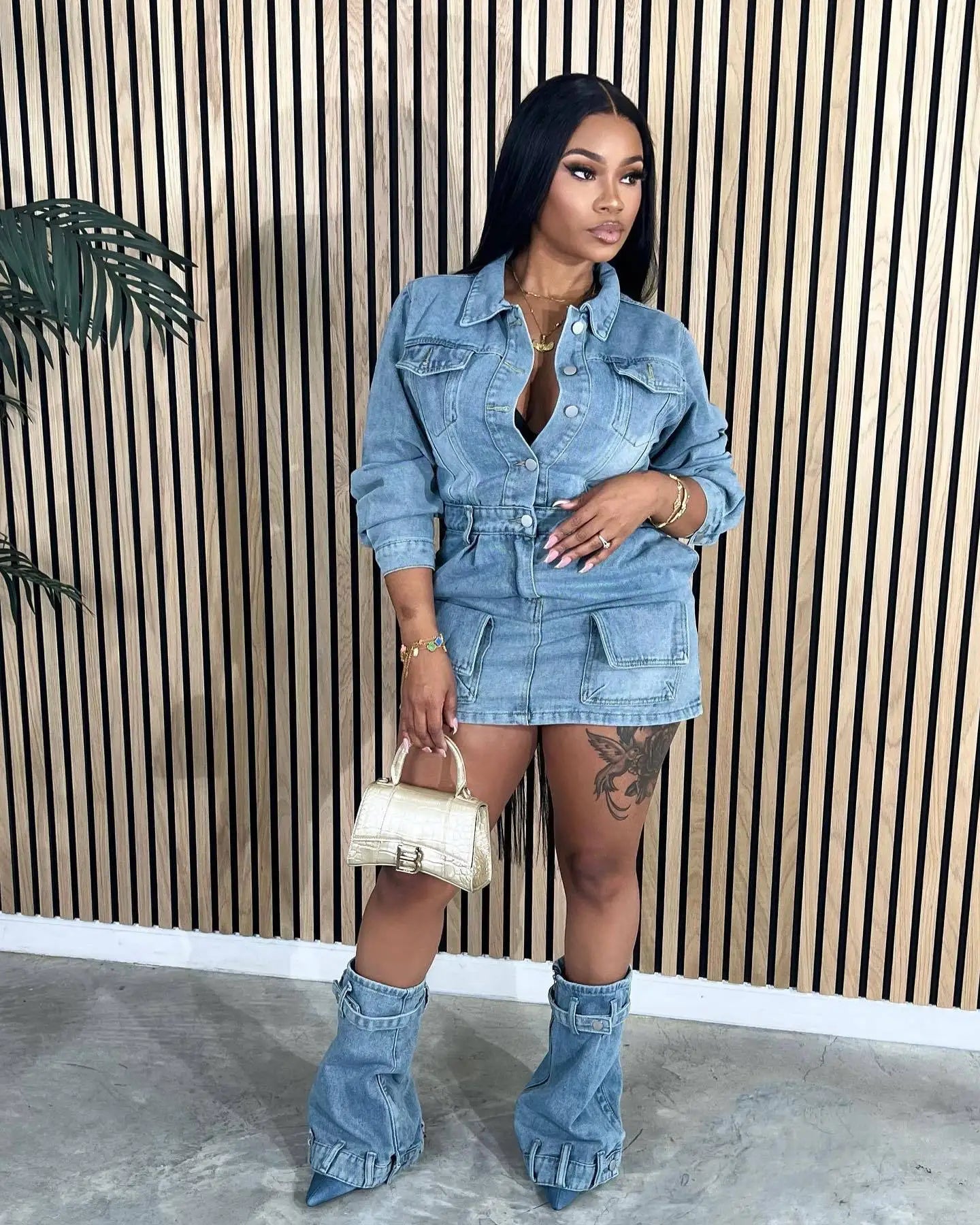 Women's Casual Jeans Denim Dresses Sexy Long Sleeve Jeans Short Dress