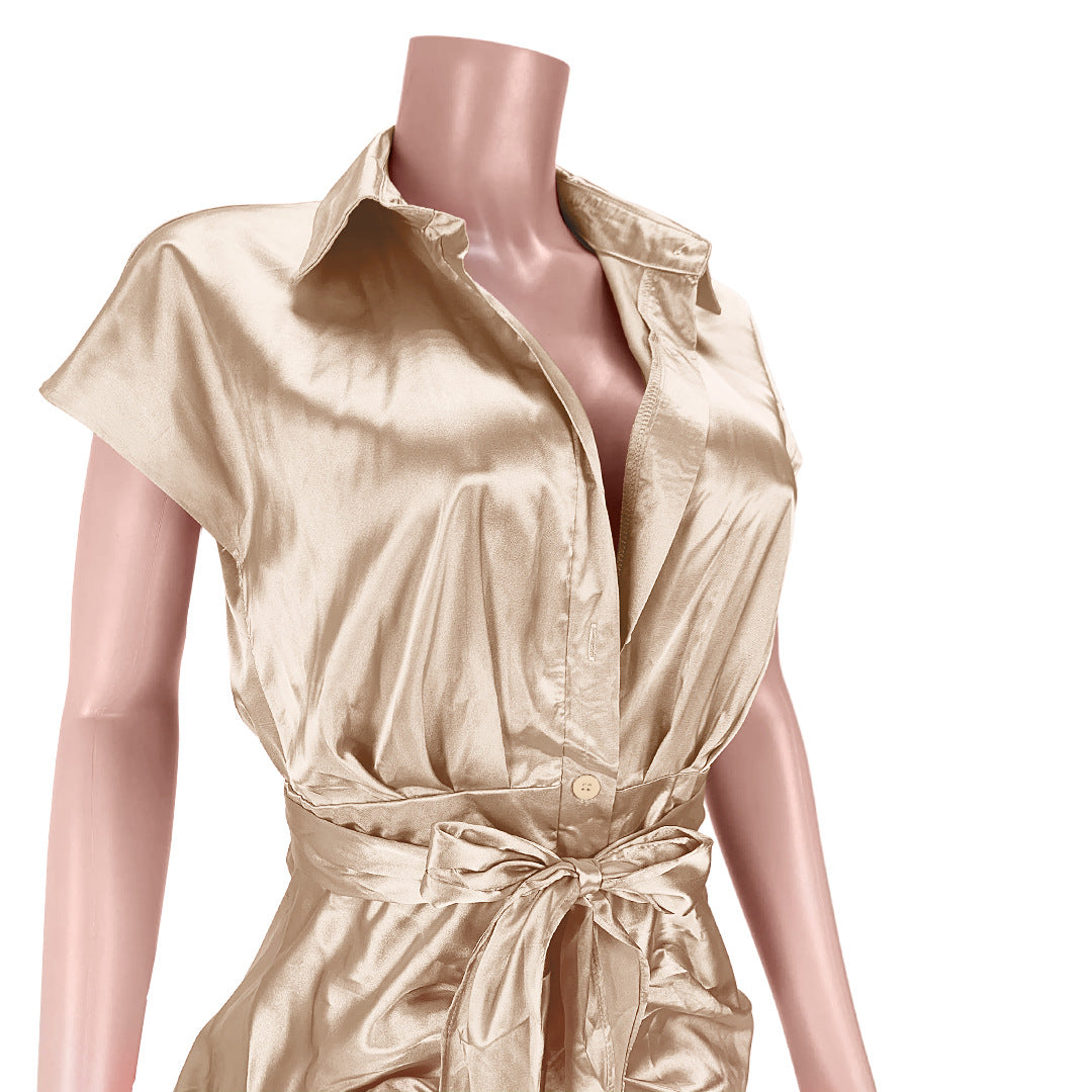 Sexy Ladies Dresses Reflective Silk Pleated Straps Shirt Dress