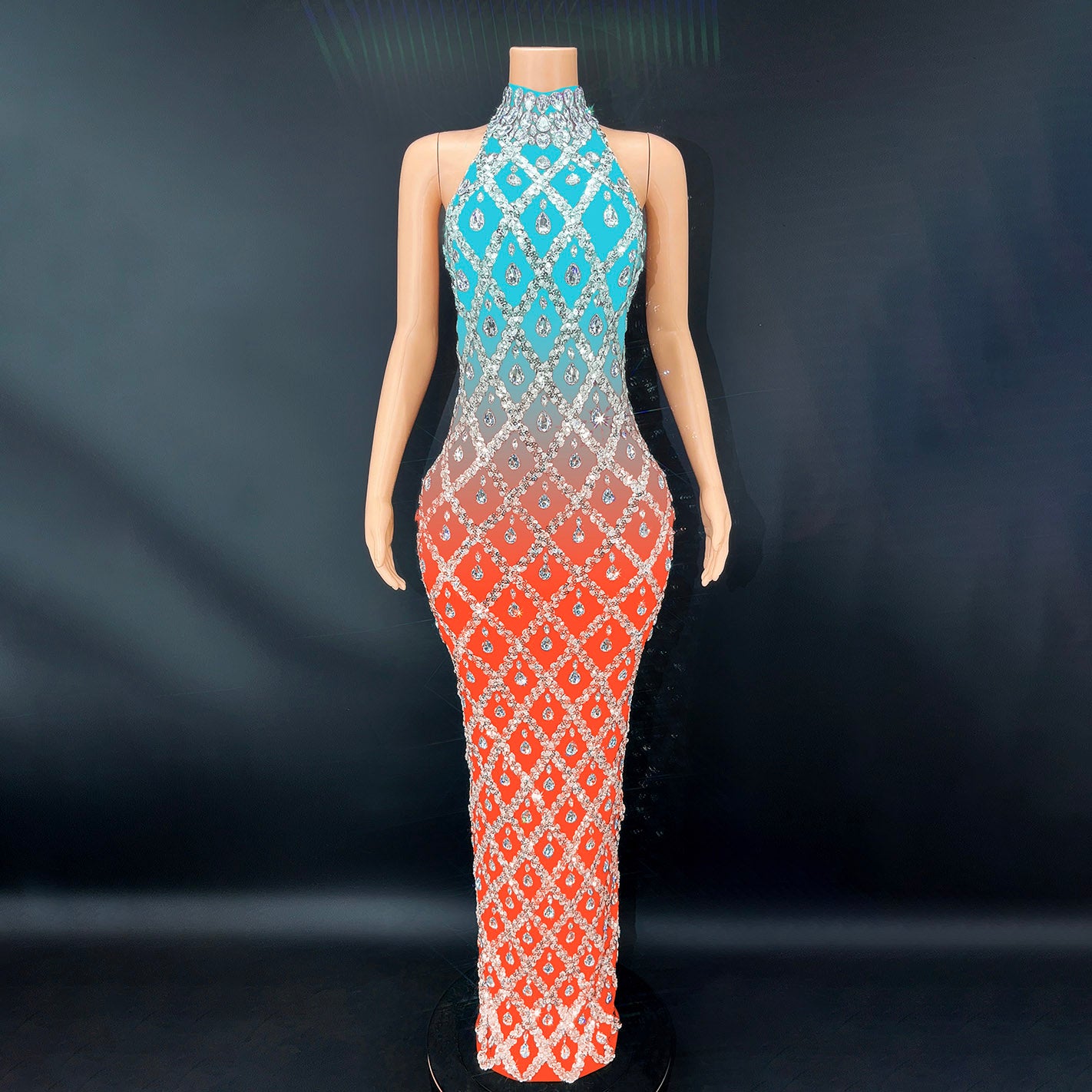 Sparkling Black Diamond Sequin Mesh Backless  Dress