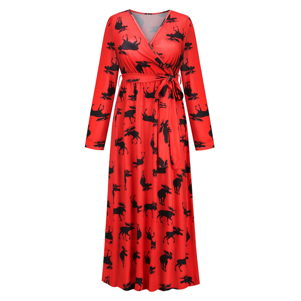 Christmas Print Party Dresses Cute Holiday v Neck Women Fall Elegant Dress