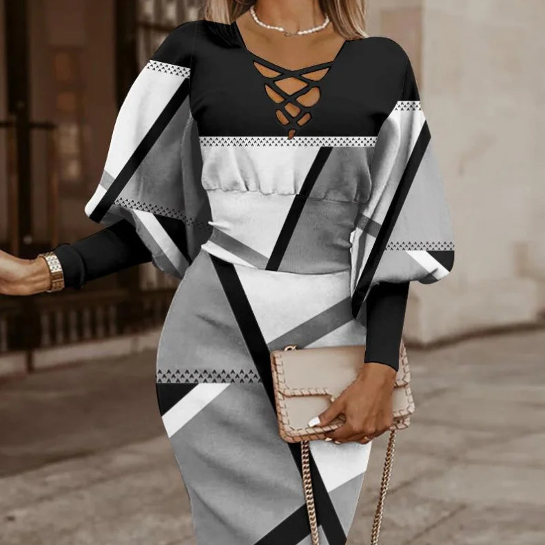 Sexy V-Neck Long Sleeve Pencil Dress Elegant Temperament Slim Dress